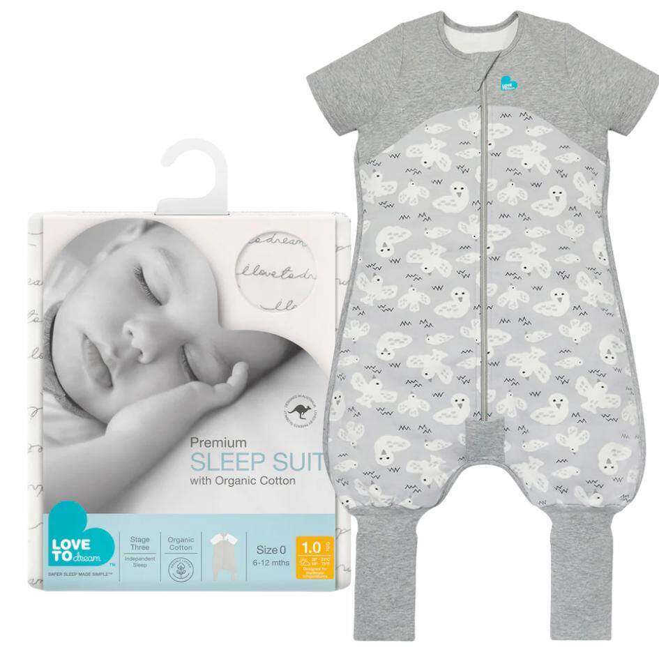 Love To Dream Sleep Suit Short Sleeve 1.0 Tog in Dove Grey and Pink, featuring a zip design and soft organic cotton.