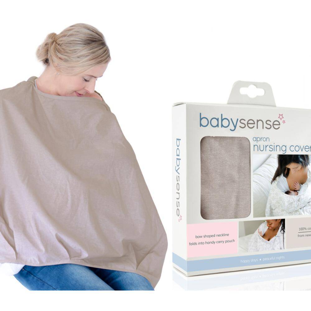 Baby Sense apron nursing cover in stone color, featuring a bow-shaped neckline and folds into a handy carry pouch.