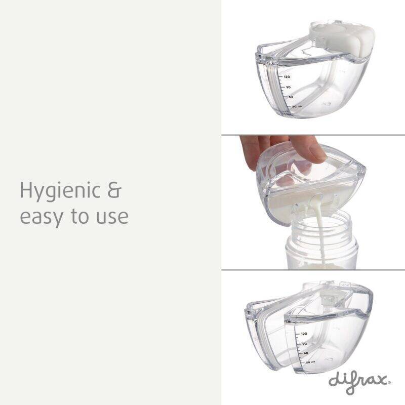 Difrax Handsfree Breastpump, clear design showing hygienic features and easy-to-use mechanism for effortless milk collection.