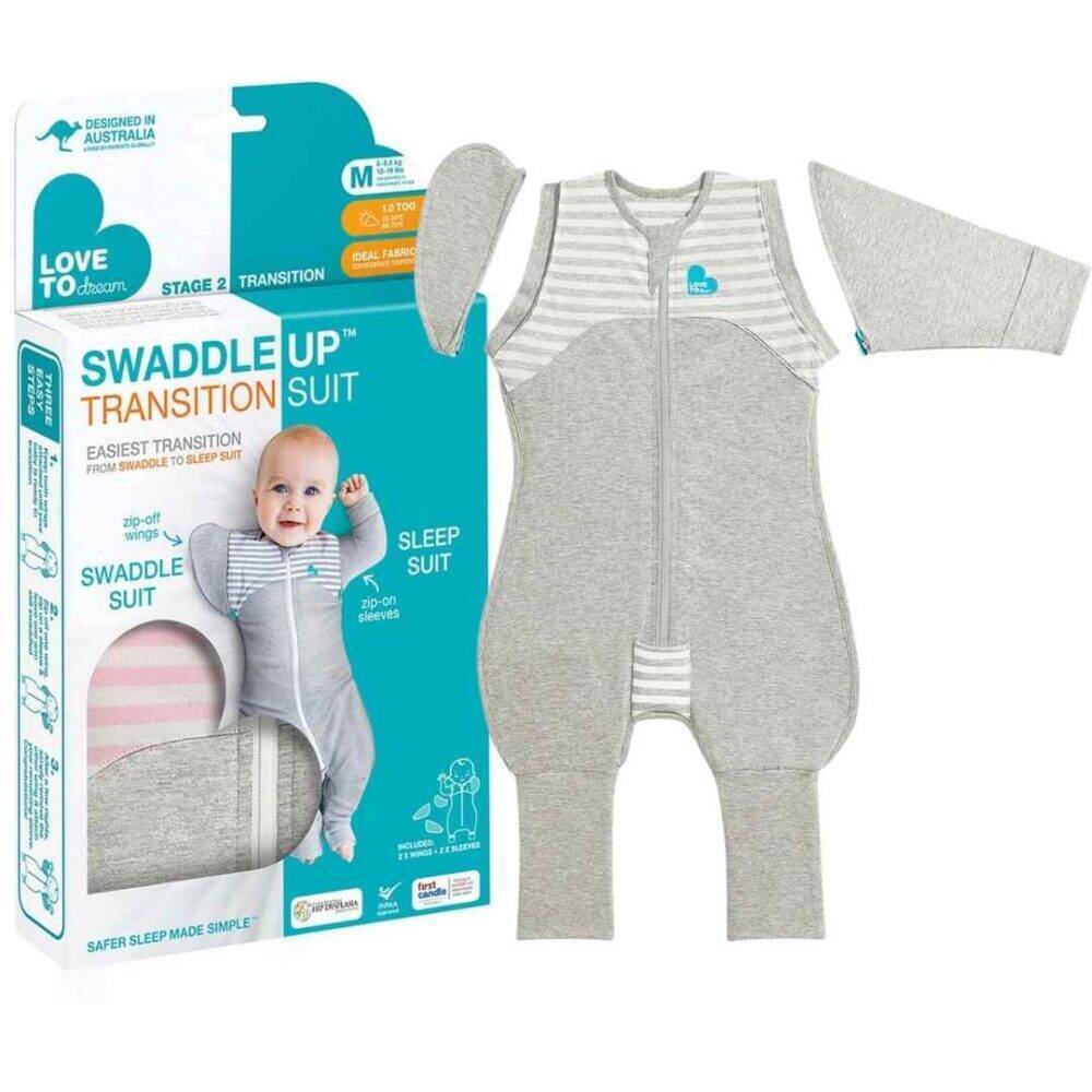 Love to Dream Swaddle Up Transition Suit 1.0 TOG in blue and grey, featuring removable sleeves for easy transition.