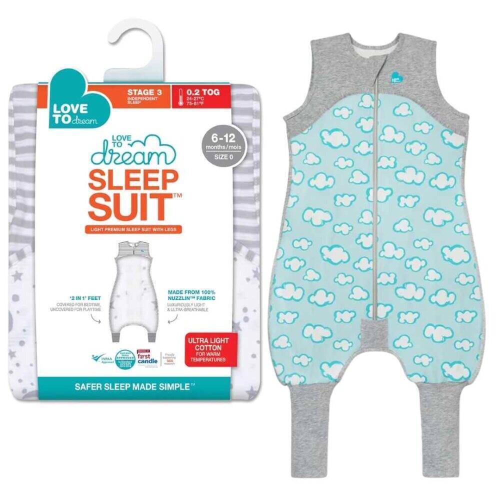 Love to Dream Swaddle Up Sleep Suit 0.2 TOG in Daydream Grey with turquoise cloud design, suitable for 6-12 months.