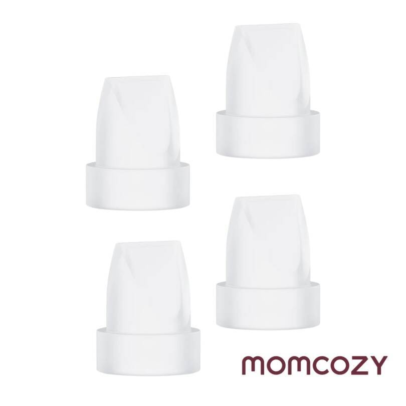 Momcozy M5 Duckbill Valves in clear plastic, four-pack, designed for efficient milk expression.