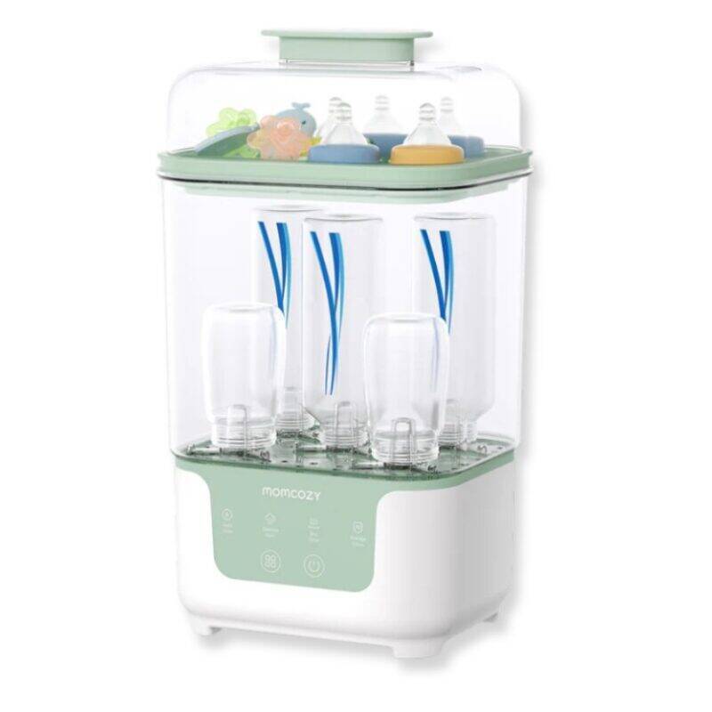 Momcozy 4 in 1 Compact Bottle Sterilizer and Dryer in white and green, featuring multiple bottle slots and a clear lid.