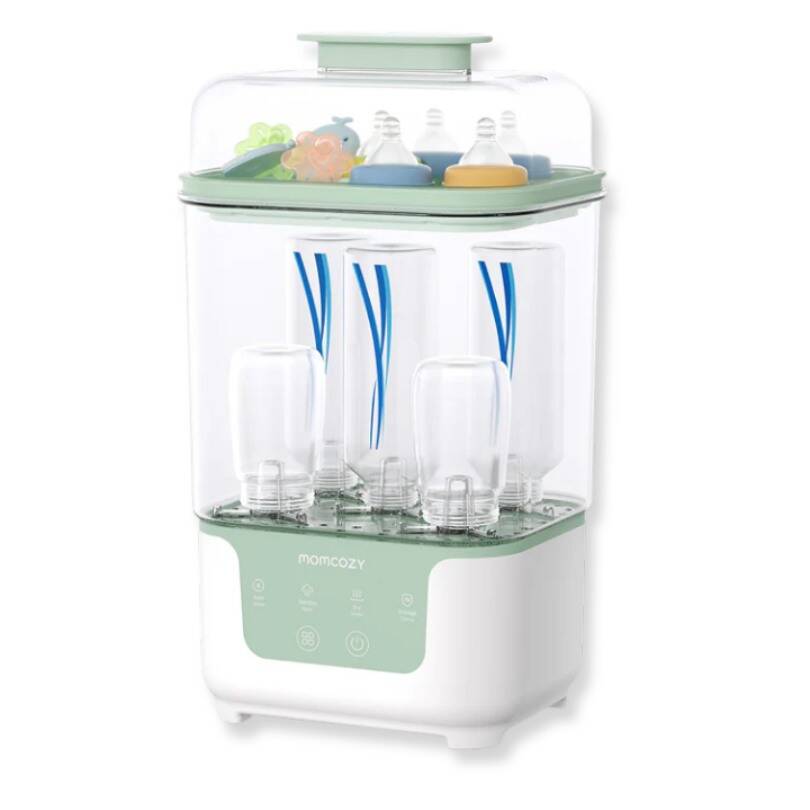 Momcozy 4 in 1 Compact Bottle Sterilizer and Dryer in white and green, featuring multiple bottle slots and a clear lid.