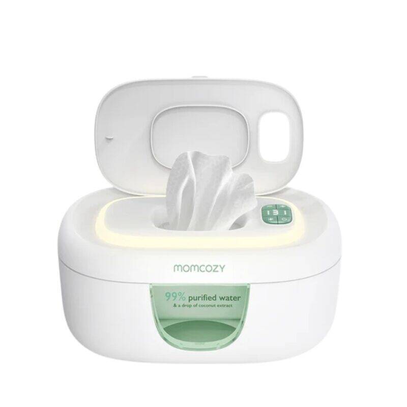 Momcozy Baby Wipe Warmer in white with a transparent window for easy viewing of wipes inside.