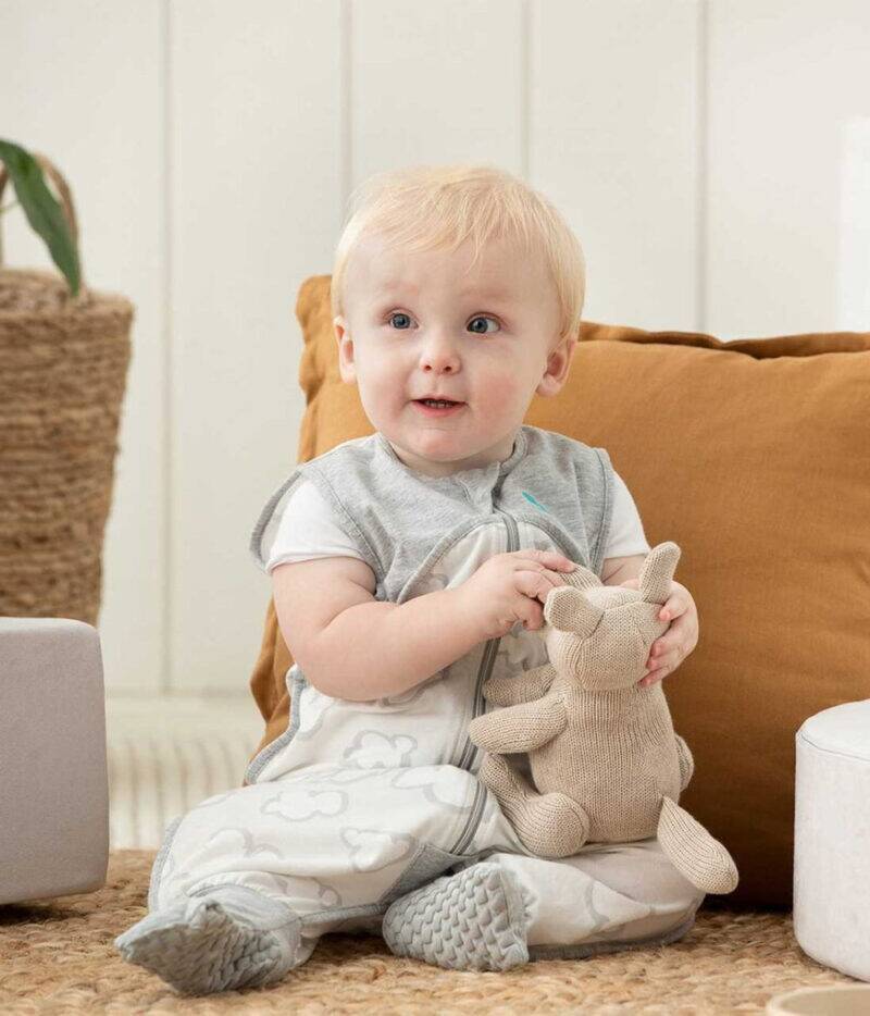 Love to Dream Swaddle Up Sleep Suit in Daydream Grey, featuring a baby sitting with a plush toy in a cozy setting.