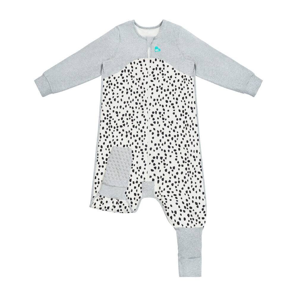 Love To Dream Sleep Suit Long Sleeve 1.0 Tog in white with black animal print, suitable for 6-12 months.
