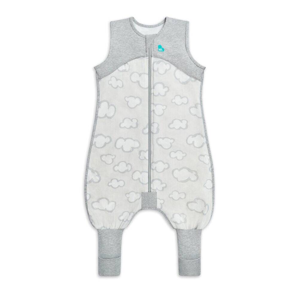 Love to Dream Swaddle Up Sleep Suit 0.2 TOG in Daydream Grey with a cloud pattern and zip closure for easy dressing.