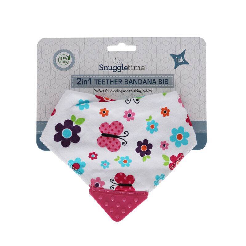 Snuggletime 2-in-1 Teether Bandana Bib in butterfly print with colorful flowers and a textured teether corner.