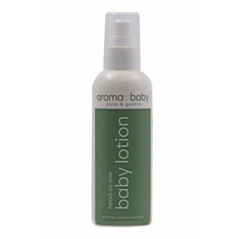 Aromababy head-to-toe baby lotion in a 200ml spray bottle with a green label, designed for gentle skin care.