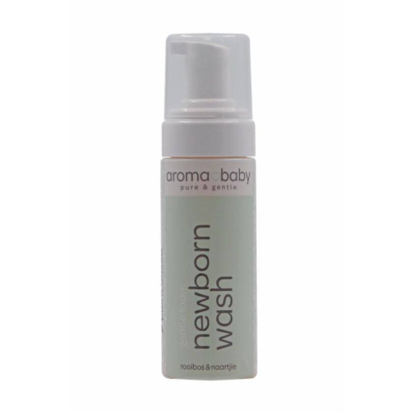 Aromababy Newborn Wash in a light green pump bottle, featuring a simple, clean design.