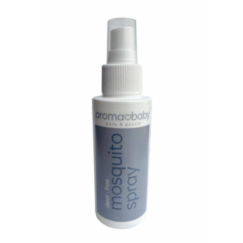 Aromababy mosquito spray in a 100ml spray bottle with a white and light blue label, designed for gentle use.