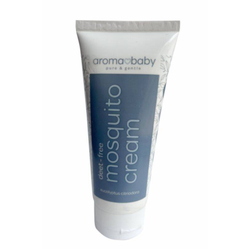 AromaBaby mosquito cream, DEET-free, in a 100g tube with eucalyptus citriodora for natural insect repellent.