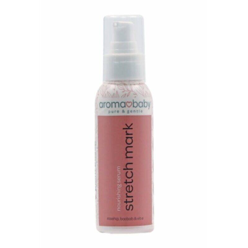 AromaBaby Mom-to-Be Essentials Stretch Mark Nourishing Serum in a pink bottle with a pump dispenser.