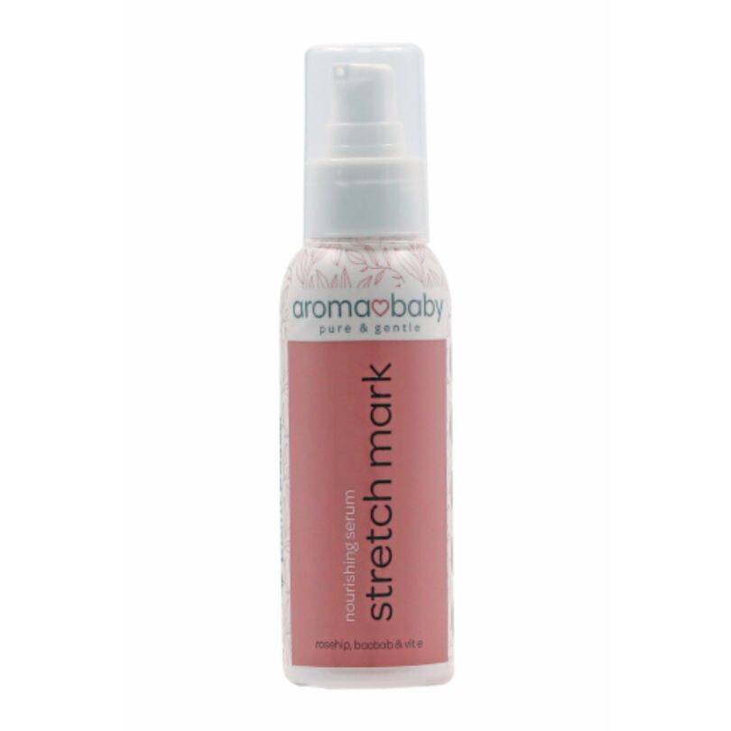 AromaBaby Mom-to-Be Essentials Stretch Mark Nourishing Serum in a pink bottle with a pump dispenser.
