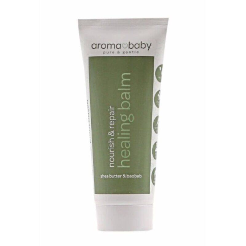 Aromababy Healing Balm in a green and white tube, featuring shea butter and baobab for nourishing and repairing skin.