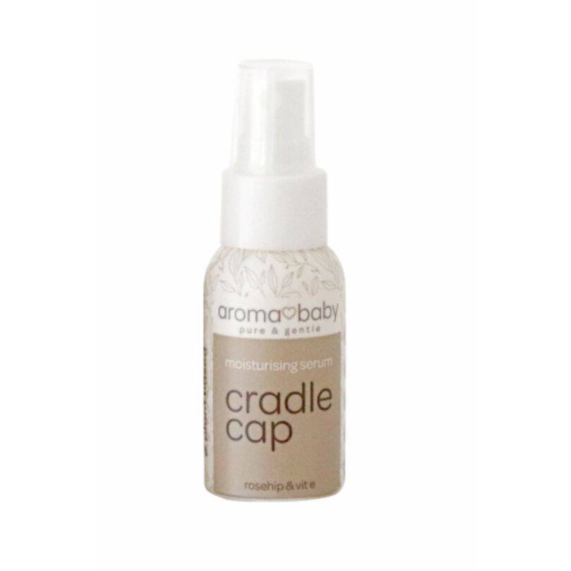Aromababy Cradle Cap moisturizing serum in a small spray bottle with a white cap and beige label.