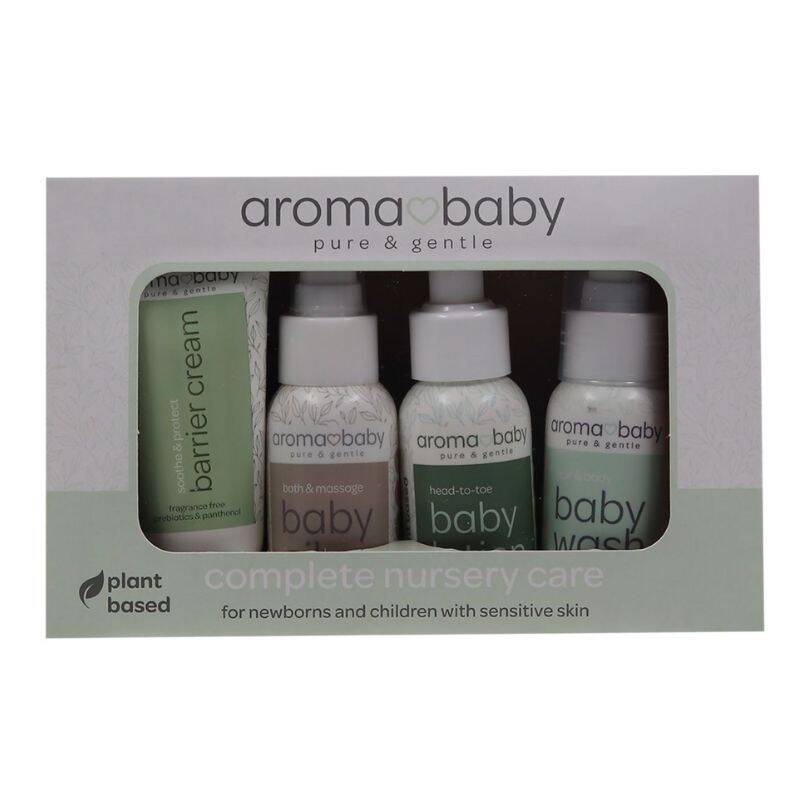 Aromababy Complete Nursery Care Pack featuring plant-based barrier cream, bath & massage oil, and baby wash for sensitive