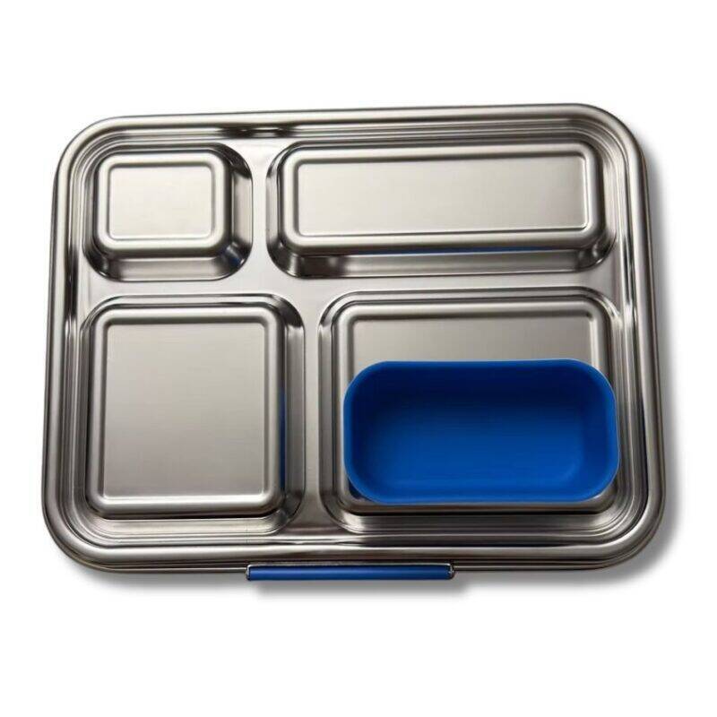 Junary Balanced Bites Bento in stainless steel with a blue silicone insert, featuring four compartments for meal