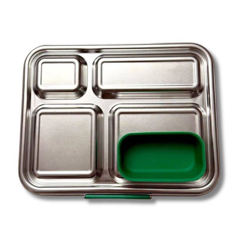 Junary Balanced Bites Bento in stainless steel with a green silicone insert, featuring four compartments for meal variety.