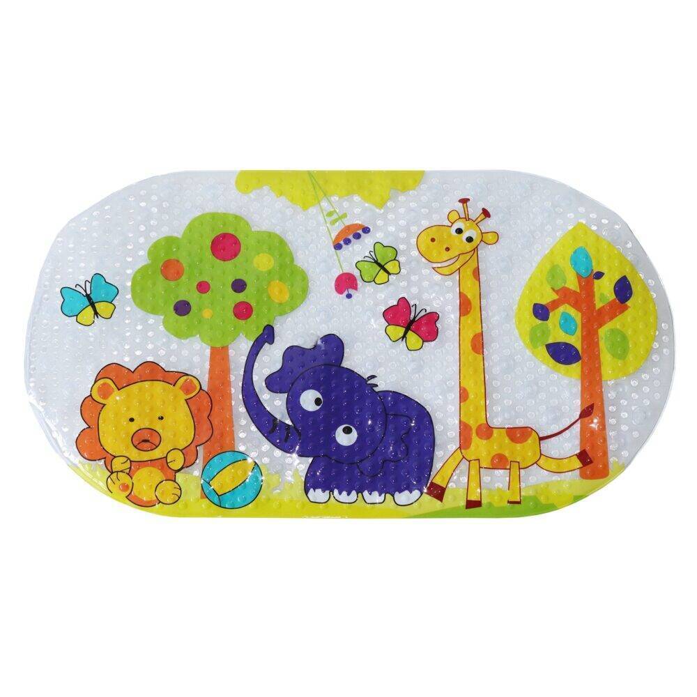 Snuggletime Bath Mat featuring colorful animal designs including a lion, elephant, and giraffe on a white background.