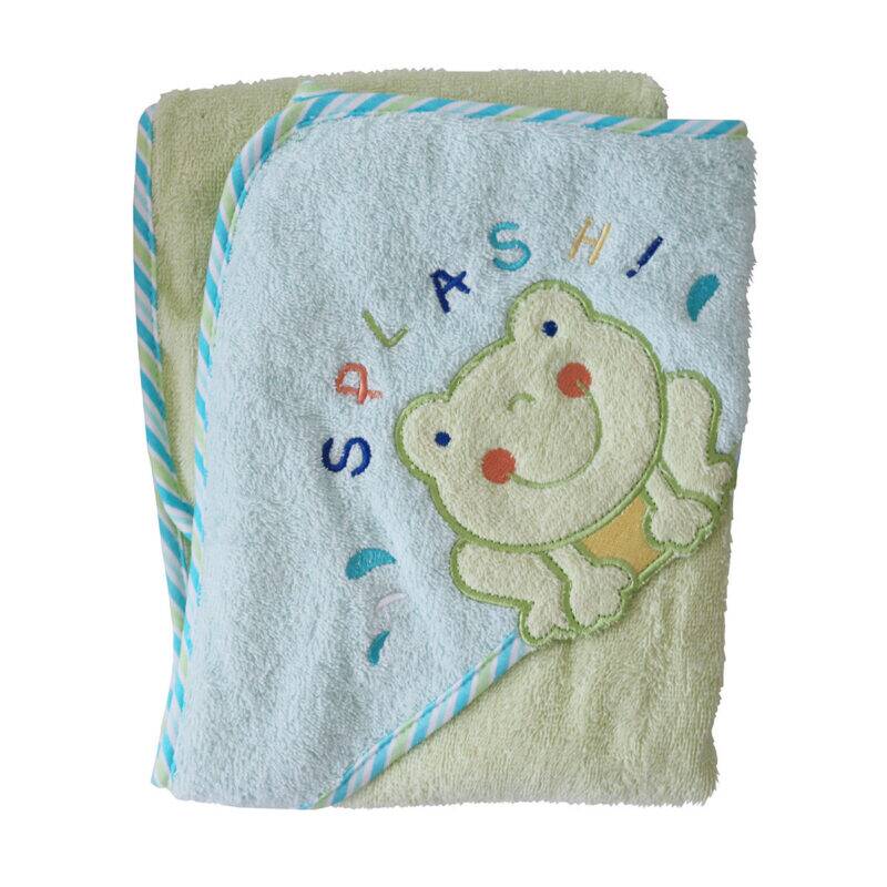 Snuggletime Deluxe Embroidered Hooded Towel in blue and green with a frog design and "SPLASH!" embroidery.