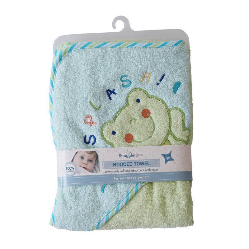 Snuggletime Deluxe Embroidered Hooded Towel in green frog design, featuring playful "SPLASH!" embroidery and soft texture.