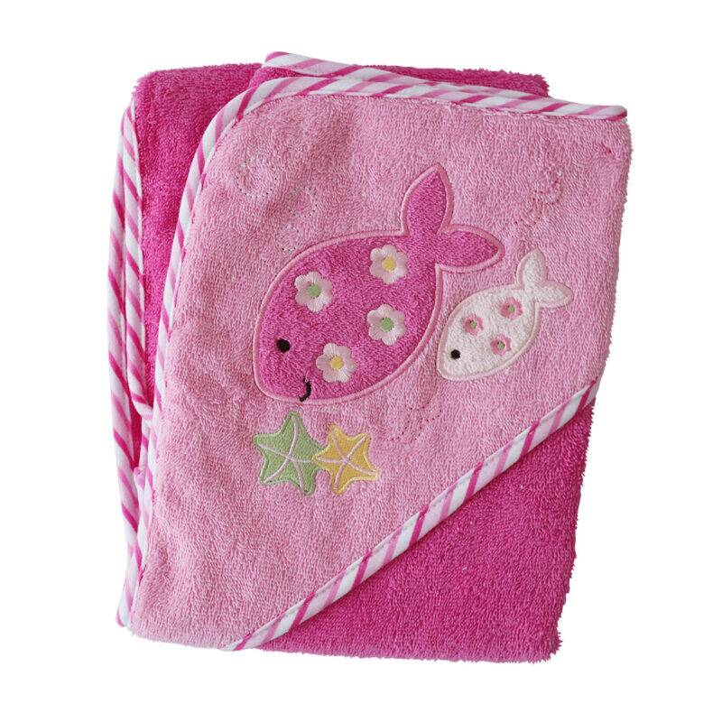 Snuggletime Deluxe Embroidered Hooded Towel in pink with fish embroidery and starfish details.