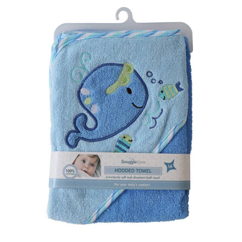 Snuggletime Deluxe Hooded Towel in Blue Whale, featuring playful whale and fish embroidery for baby comfort.