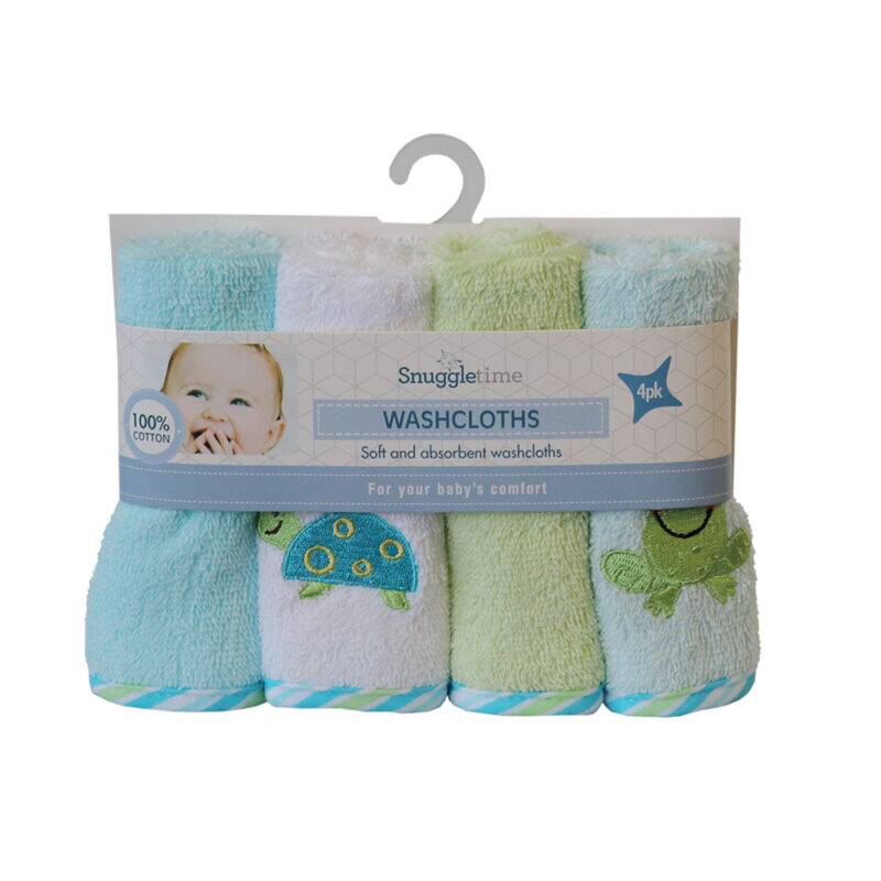 Snuggletime Deluxe Terry Washcloths 4-Pack in blue whale, green frog, pink fish, and pink whale designs, soft cotton.