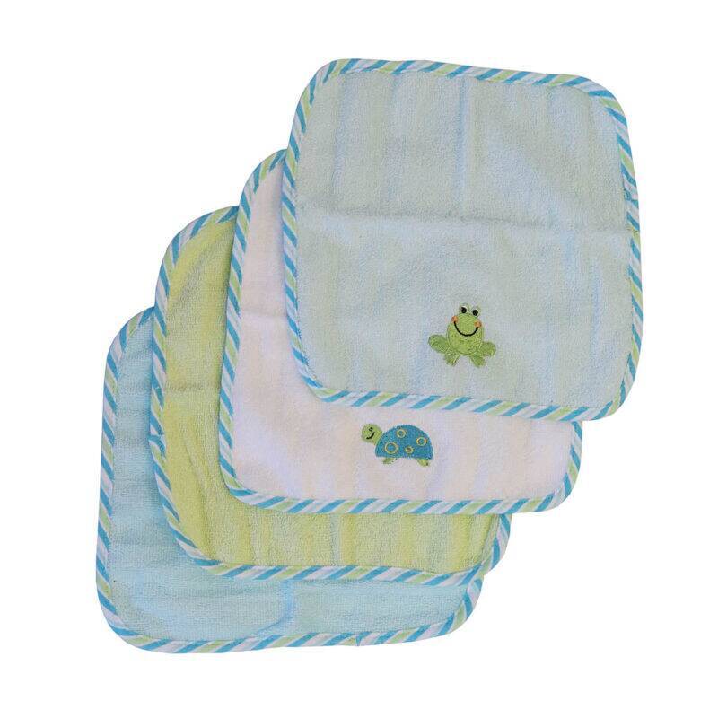 Snuggletime Deluxe Terry Washcloths 4-Pack in blue whale, green frog, pink fish, and pink whale designs, featuring a green