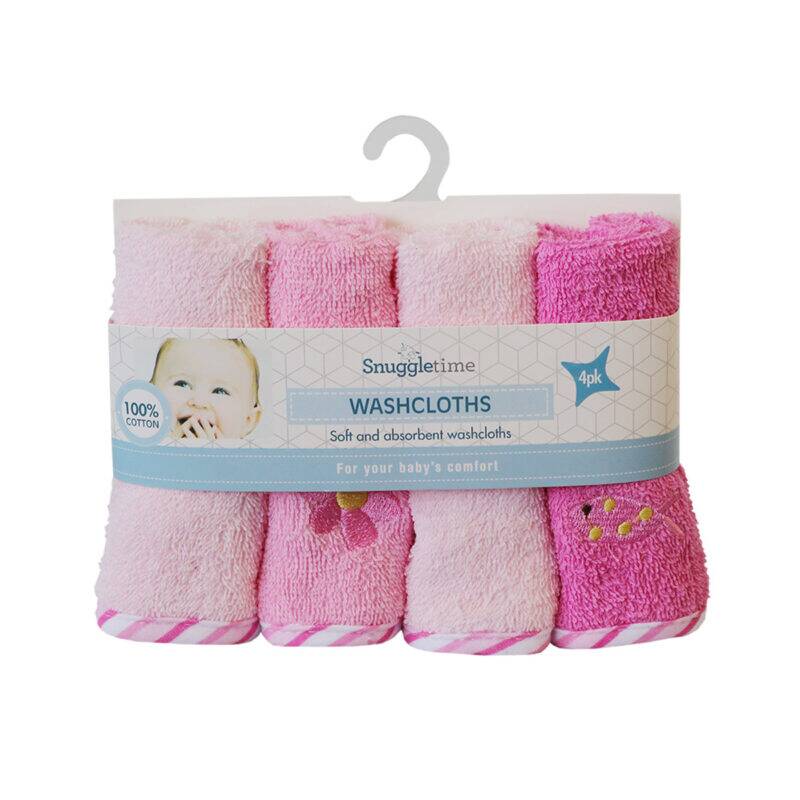 Snuggletime Deluxe Terry Washcloths 4-Pack in blue whale, green frog, pink fish, and pink whale designs, soft cotton.