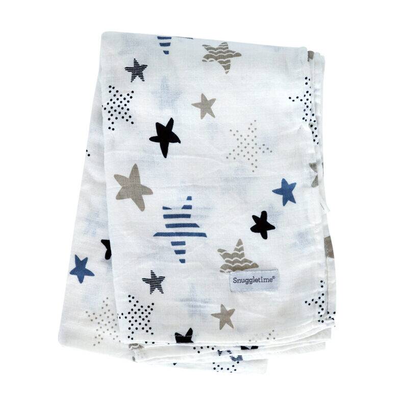 Snuggletime Deluxe Muslin Receiver in blue stripe with pink blossoms and stars, soft and breathable fabric.