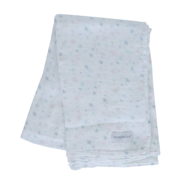 Snuggletime Bamboo Muslin Receiver in pink star pattern, featuring soft, breathable fabric with pastel stars.