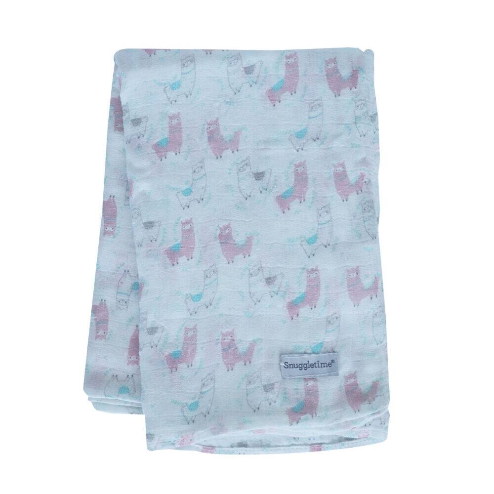 Snuggletime Bamboo Muslin Receiver in blue star with a playful pink llama print. Soft and lightweight for comfort.