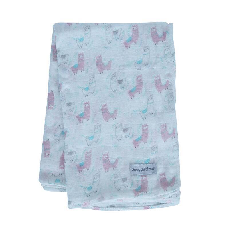 Snuggletime Bamboo Muslin Receiver in blue star with a playful pink llama print. Soft and lightweight for comfort.