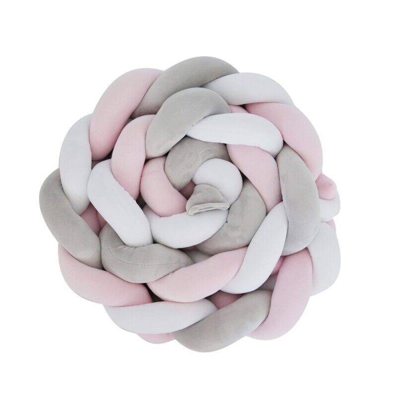 Snuggletime Braided Cot Bumper in pink, grey, and white, featuring a soft, twisted design for added safety and comfort.