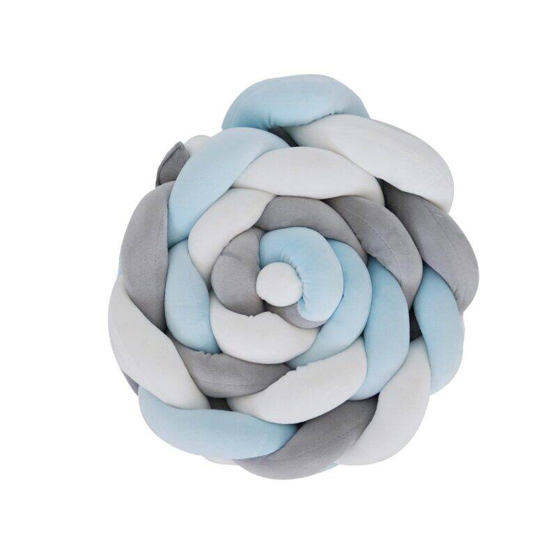 Snuggletime Braided Cot Bumper in blue, grey, and pink, featuring a soft, twisted design for added safety and style.