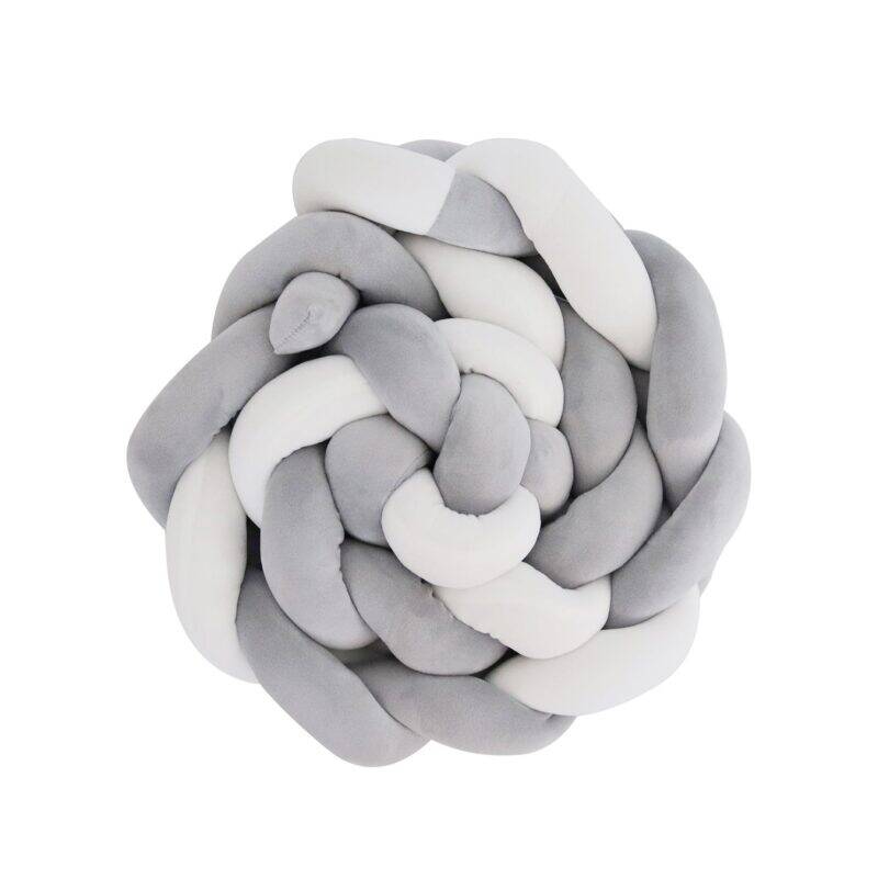 Snuggletime Braided Cot Bumper in blue, grey, and pink, featuring a soft, twisted design for added safety and style.