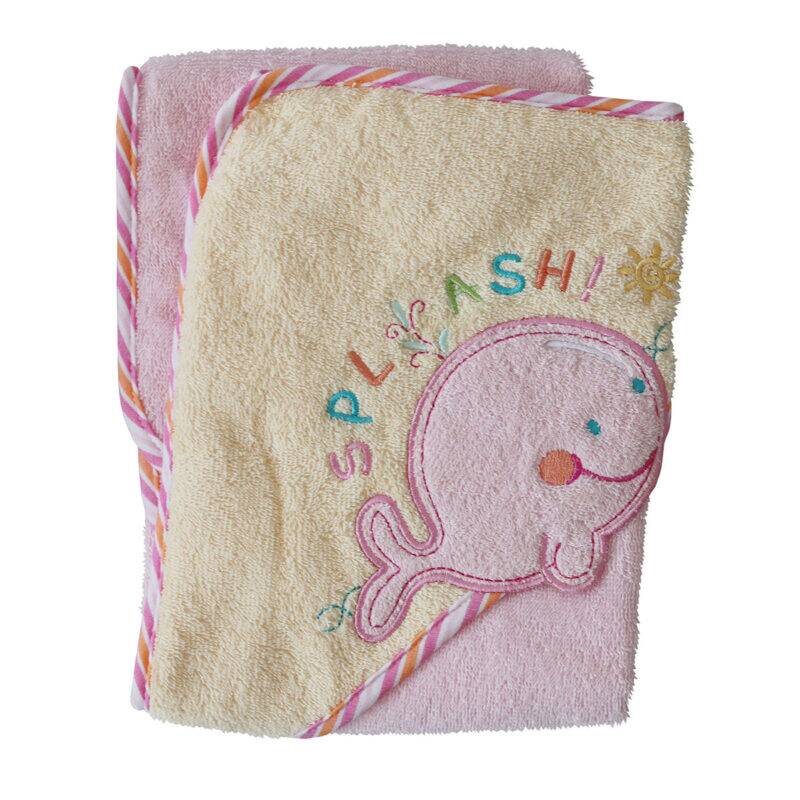 Snuggletime Deluxe Embroidered Hooded Towel in Pink Whale, featuring playful "SPLASH!" embroidery and striped trim.