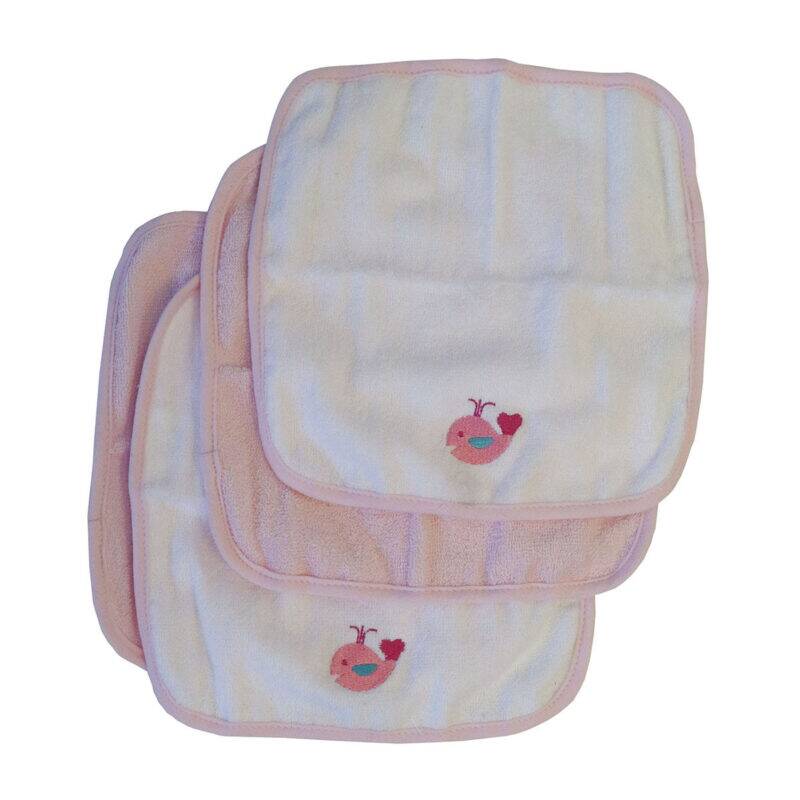 Snuggletime Deluxe Terry Washcloths 4-Pack in Blue Whale, Green Frog, Pink Fish, and Pink Whale designs. Soft and absorbent.