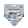 Snuggletime 2-in-1 Teether Bandana Bib in white with colorful dinosaur prints and a textured teether corner.