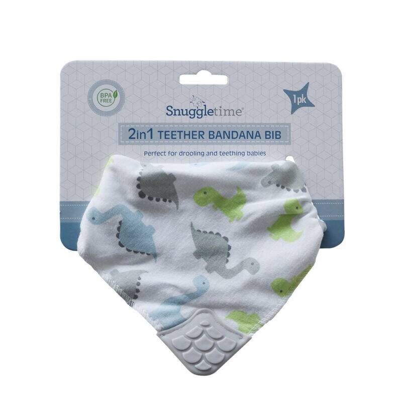 Snuggletime 2-in-1 Teether Bandana Bib in white with colorful dinosaur prints and a textured teether corner.