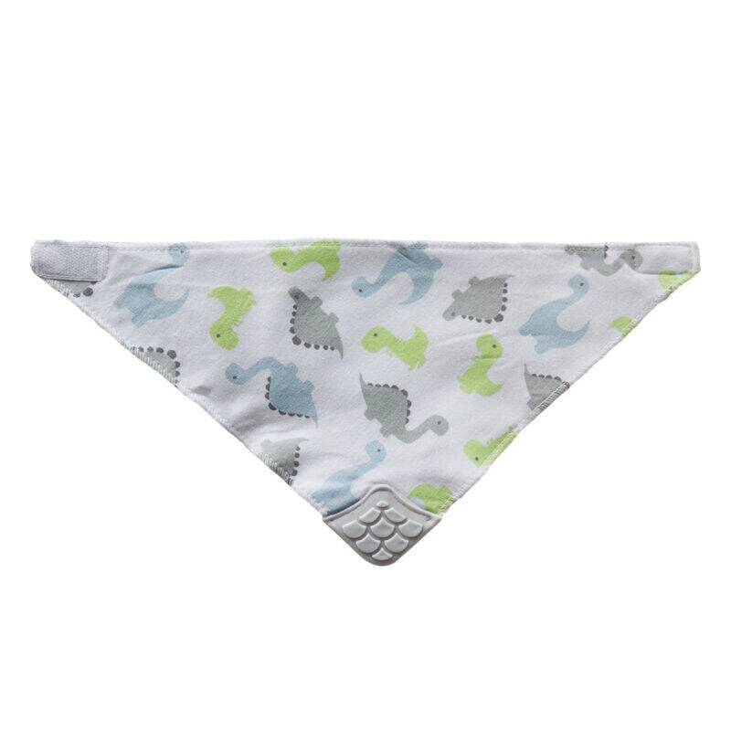 Snuggletime 2-in-1 Teether Bandana Bib in dinosaur print with soft teething corner, featuring green and blue dinosaurs.