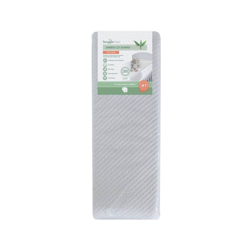 Snuggletime Bamboopaedic Cot Bumper and Cover in white, featuring a soft, breathable bamboo fabric design.