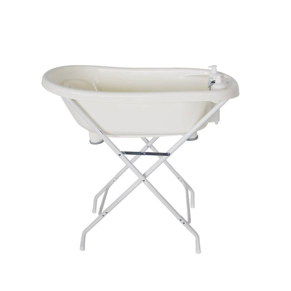 Snuggletime Cozy Bath Tub in white with a sturdy foldable stand for easy use and storage.
