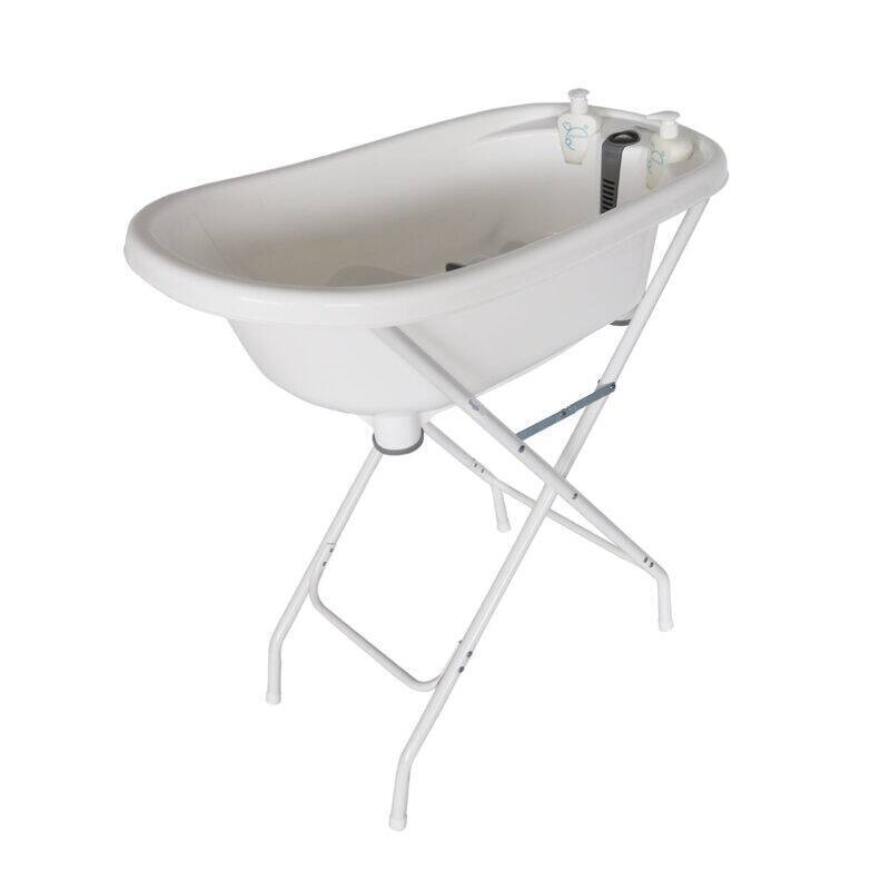 Snuggletime Cozy Bath Tub & Stand in white, featuring a sturdy stand and space for bath essentials.