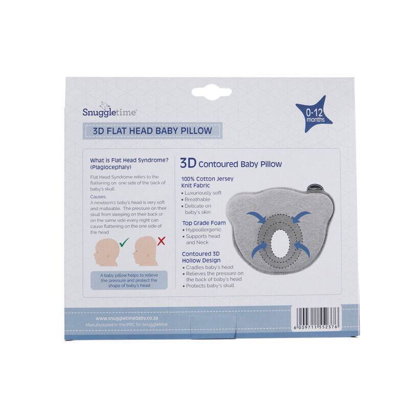 Snuggletime 3D Flat Head Baby Pillow in gray with a cute animal design, promoting healthy head shape for infants.