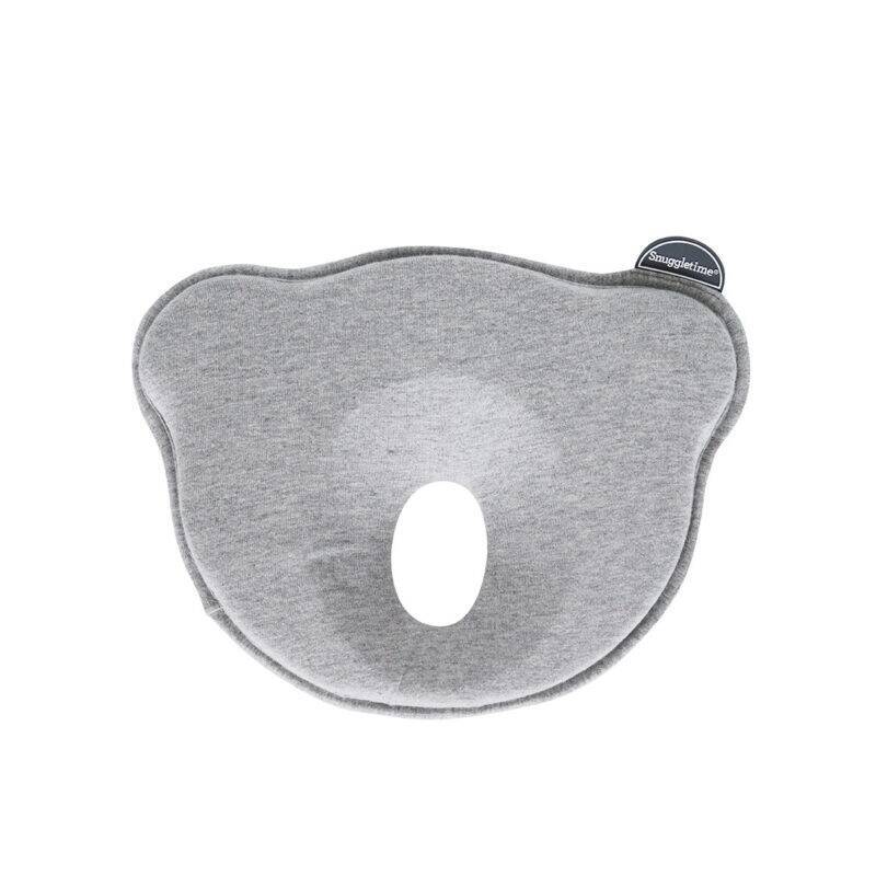 Snuggletime 3D Flat Head Baby Pillow in soft gray with a unique head-shaped design and central cutout for support.
