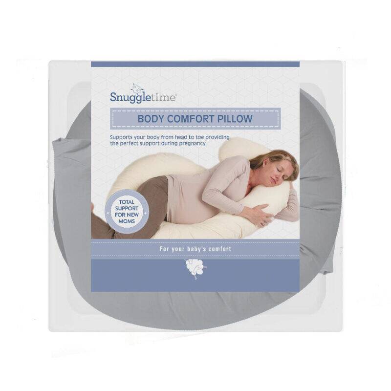 Snuggletime Body Comfort Pillow in grey, designed for head-to-toe support during pregnancy. Ideal for new moms.